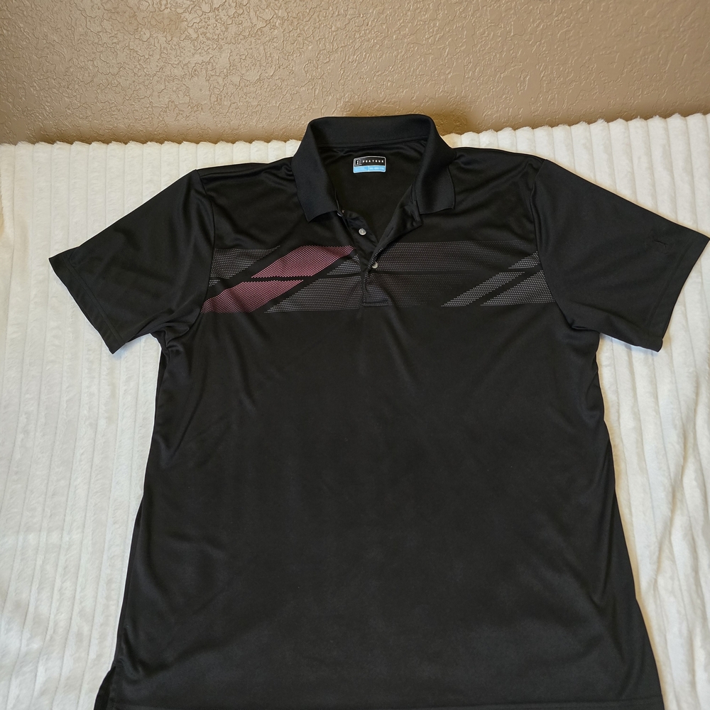 PGA Tour Black Polo with Maroon and Charcoal Stripes